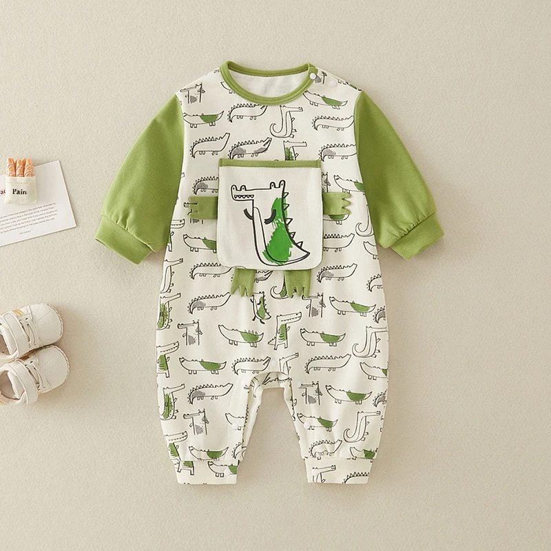 新生婴儿衣服秋装男宝宝卡通恐龙连体衣满月百天哈衣春秋季外出