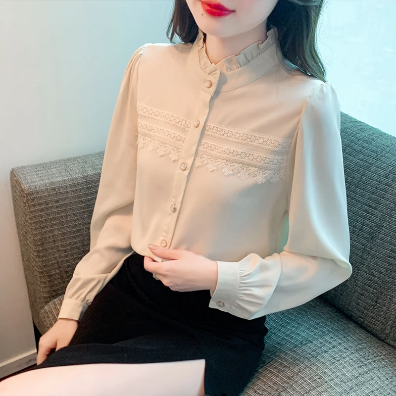 319@立领衬衫女秋冬季花边拼接灯笼袖衬衣木耳边轻熟时尚气质上衣