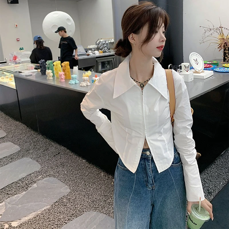 法式气质拉链白色衬衫女设计感短款别致上衣早秋内搭打底长袖衬衫