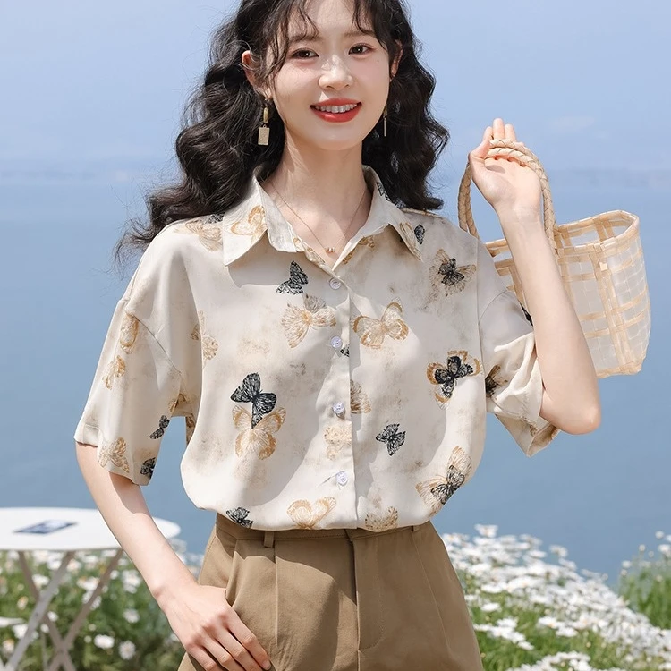 2024夏季复古蝴蝶印花短袖衬衫新款设计感小众宽松休闲上衣港味