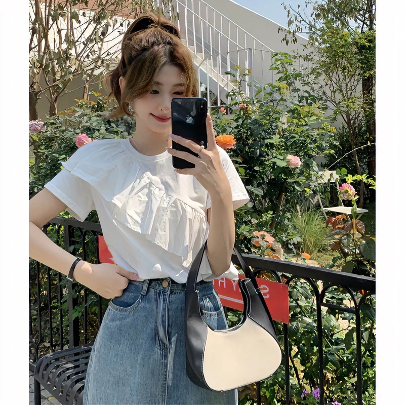 白色t恤女纯棉设计感小众夏季2024年新款荷叶边短袖上衣女高级感