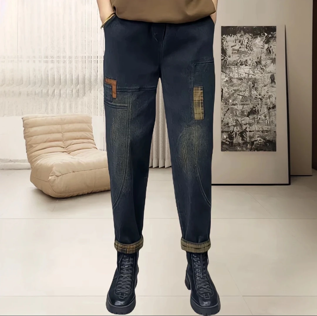 2025秋季新款高腰时尚显瘦牛仔哈伦裤女宽松大码弹力牛仔裤老爹裤