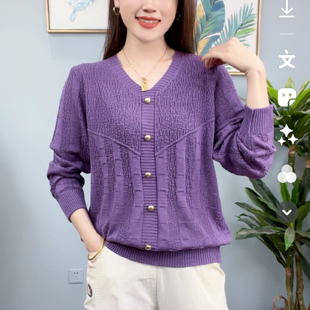 秋季韩系V领复古纽扣针织衫女秋长袖设计感宽松上衣早秋小衫
