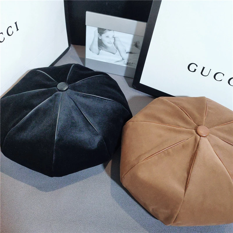 日系金丝绒贝雷帽文艺女皮质包边画家帽韩版复古精致蓓蕾帽南瓜帽