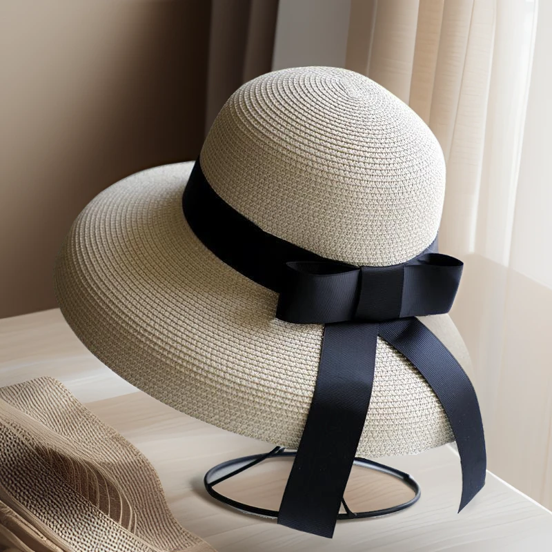 复古赫本黑色草帽遮阳帽海边沙滩帽大檐太阳帽子