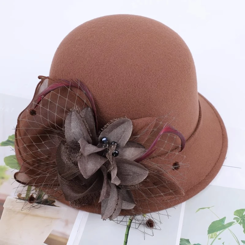 小沿纱花盆帽女士毛呢秋冬圆顶小礼帽女英伦赫本风平檐优雅毡帽