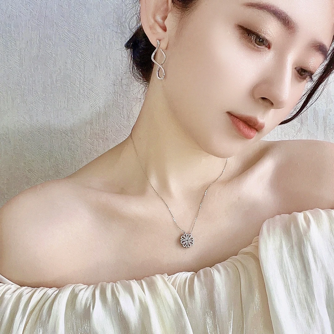 坠链均925银合成锆石 四叶草项链925纯银爱心锁骨链一款两戴小众