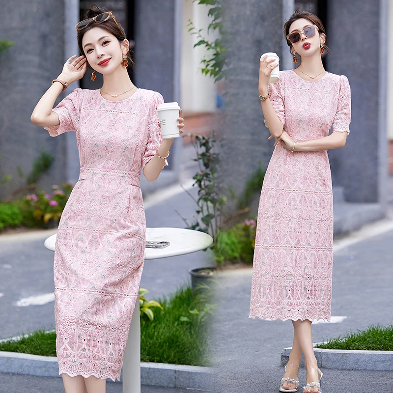重工蕾丝连衣裙女夏轻奢高级感气质名媛修身包臀开叉刺绣提花裙子