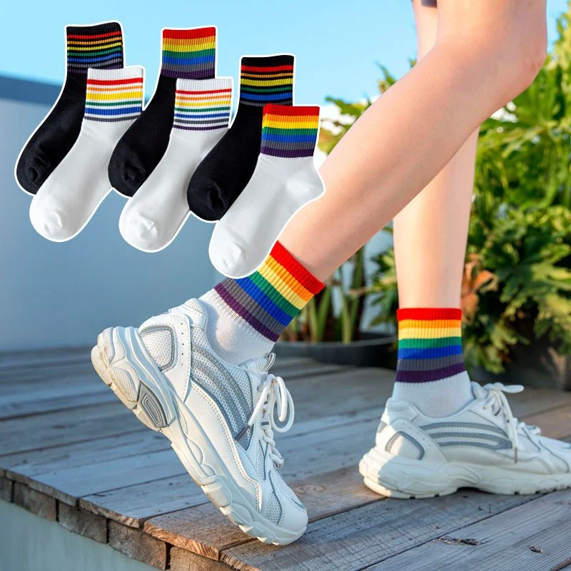 棉袜春秋新款中筒袜子女个性彩虹条潮简约彩色棉运动防臭棉袜体育