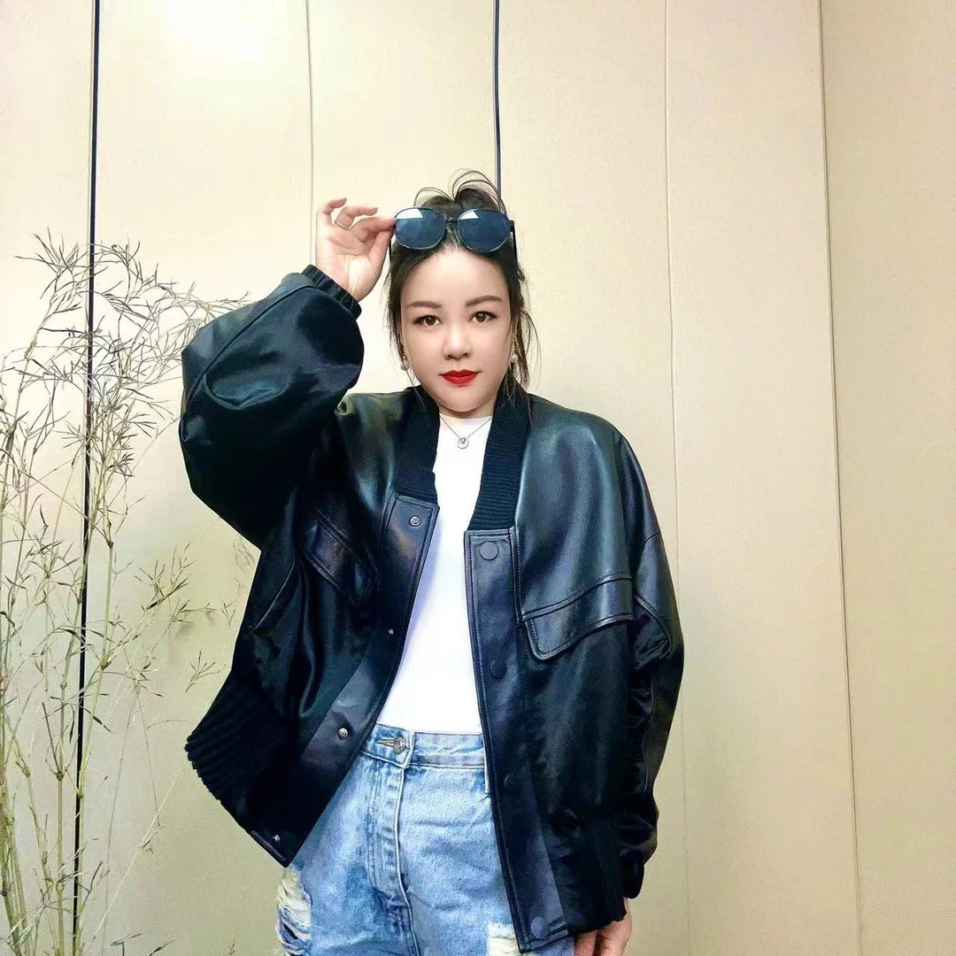 美式复古外套2024新款真皮皮衣女立领单排扣罗纹休闲绵羊皮夹克