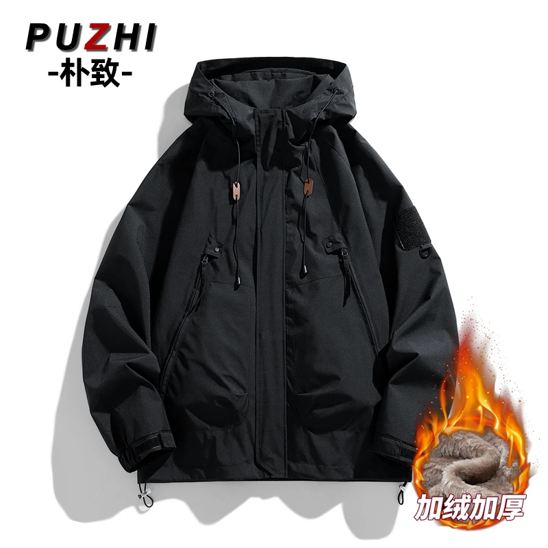 外套男士2024秋冬季加绒加厚潮牌连帽夹克宽松工装帅气保暖棉服男