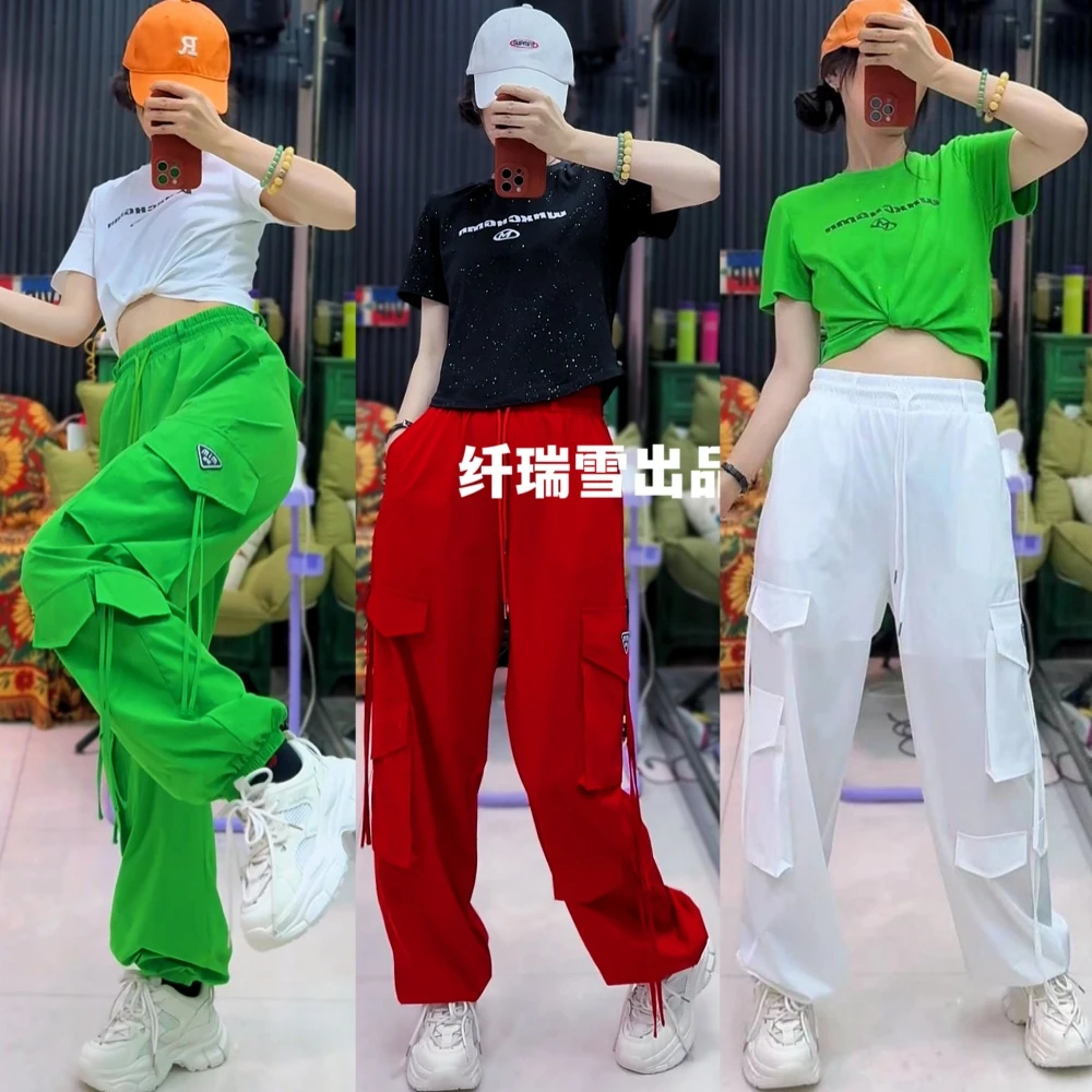 纤瑞雪曳步舞薄款速干绿色工装裤百搭显瘦夏季宽松男女束脚裤412