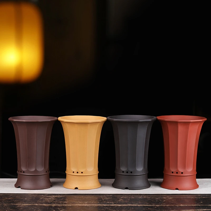 紫砂素面兰花盆精品高档手工大气束腰紫砂兰花专用盆室内古典带托