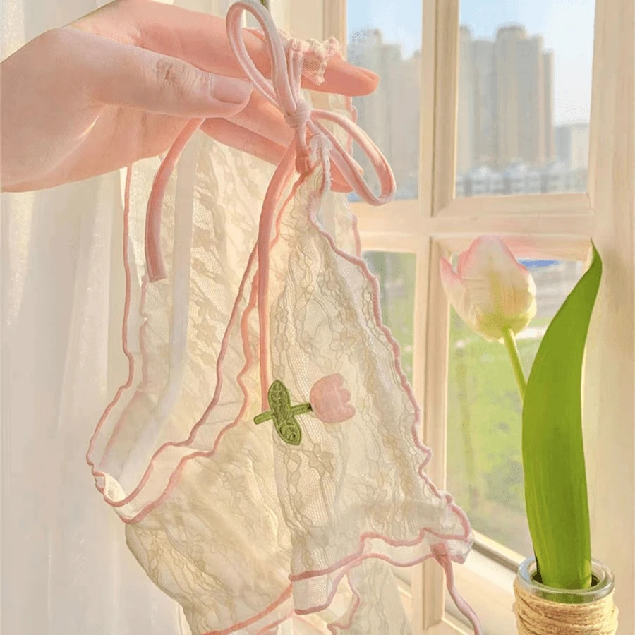 粉郁花仙甜美纯欲风女生高开叉系带蕾丝内裤女性感新款舒适裤衩子