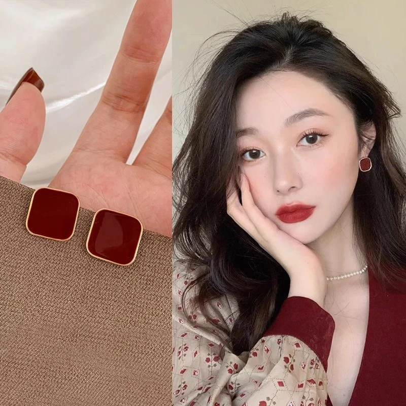 合金耳饰 红色复古耳环时尚气质港风耳钉小众设计高级感轻奢独特