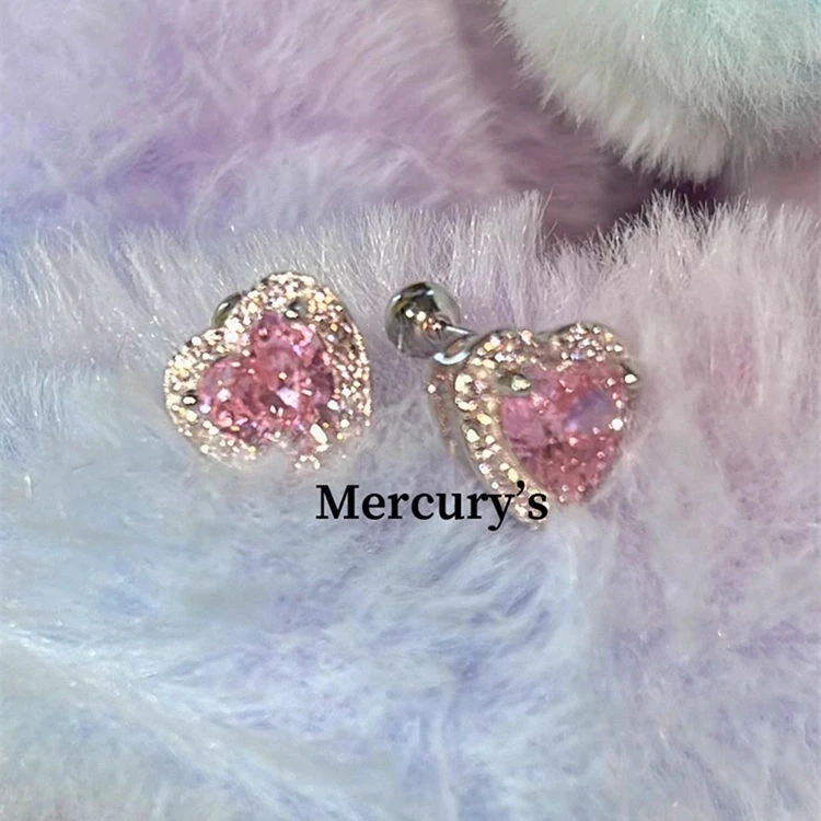 合金耳饰 粉色爱心满钻耳窝钉甜美少女耳钉日常百搭bi入款耳环