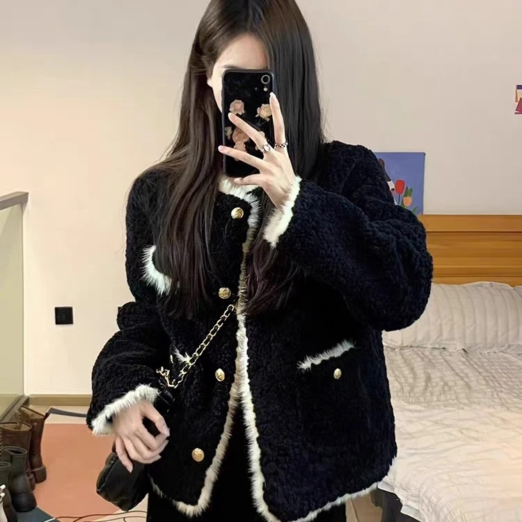 小香风外套女2025秋冬新款仿羊羔毛皮毛一体加厚皮草毛绒短款棉服