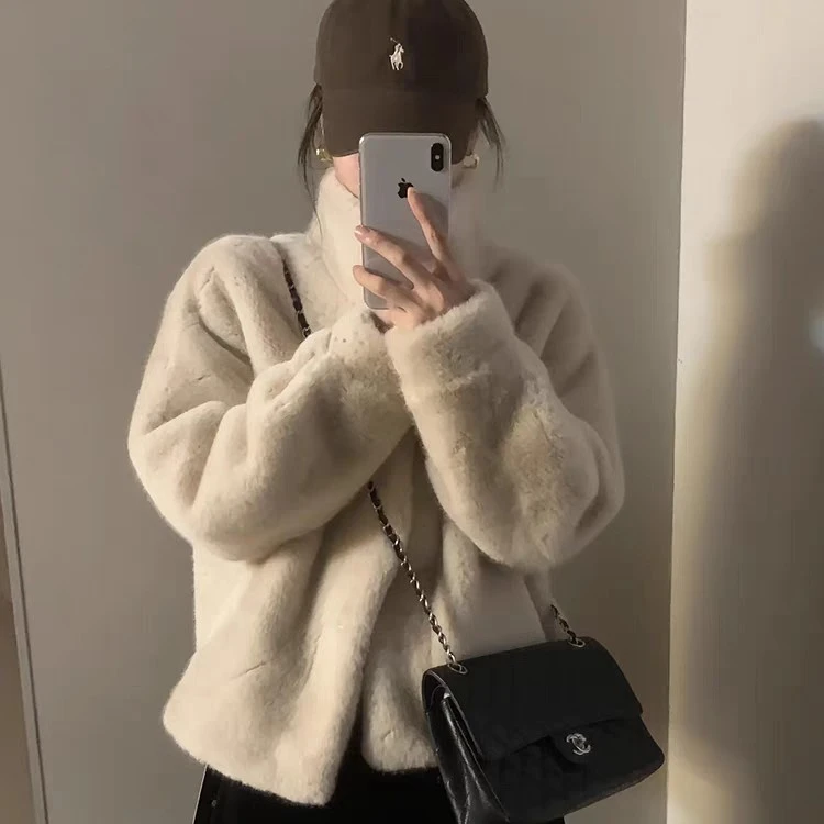 冬季年轻款仿羊羔毛女短款立领皮毛一体水貂高级洋气毛毛外套保暖
