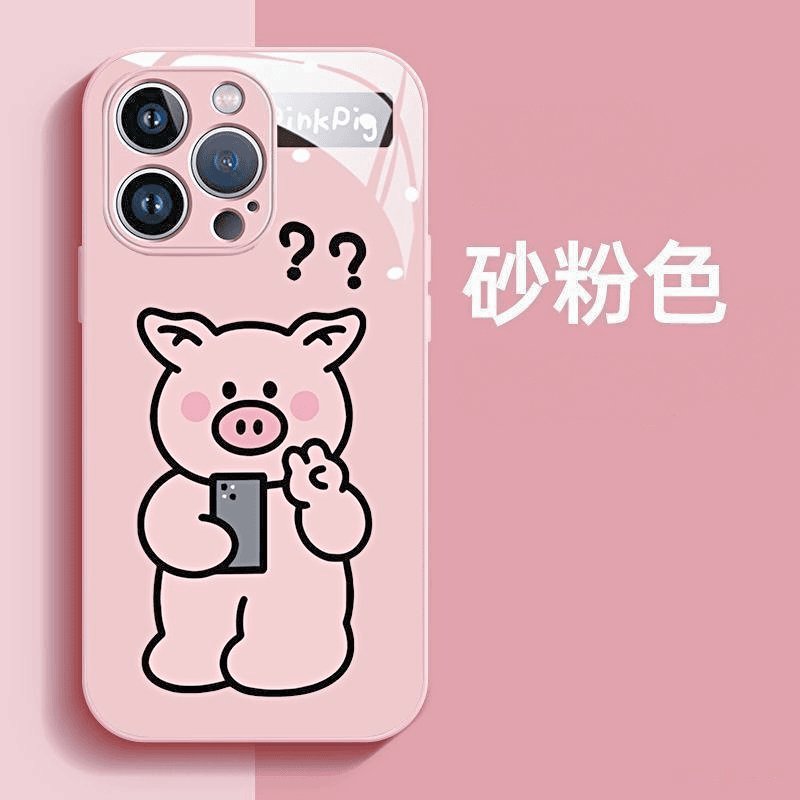 玻璃壳粉红猪适用苹果15华为荣耀oppo小米vivo手机壳14pro新款13