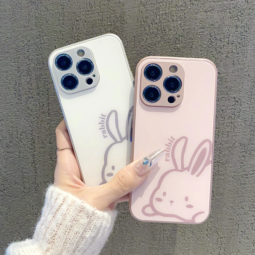 可爱兔兔玻璃壳适用苹果15//华为荣耀/OPPO/VIVO/小米14软边新款