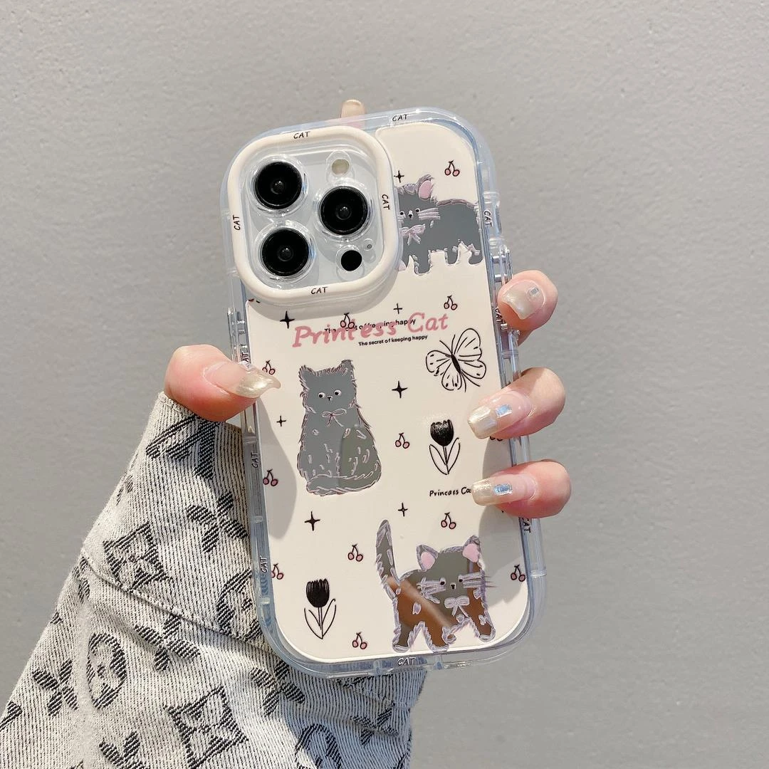 炸毛猫咪适用苹果华为pura70荣耀oppo小米vivo透明镜面手机壳可爱