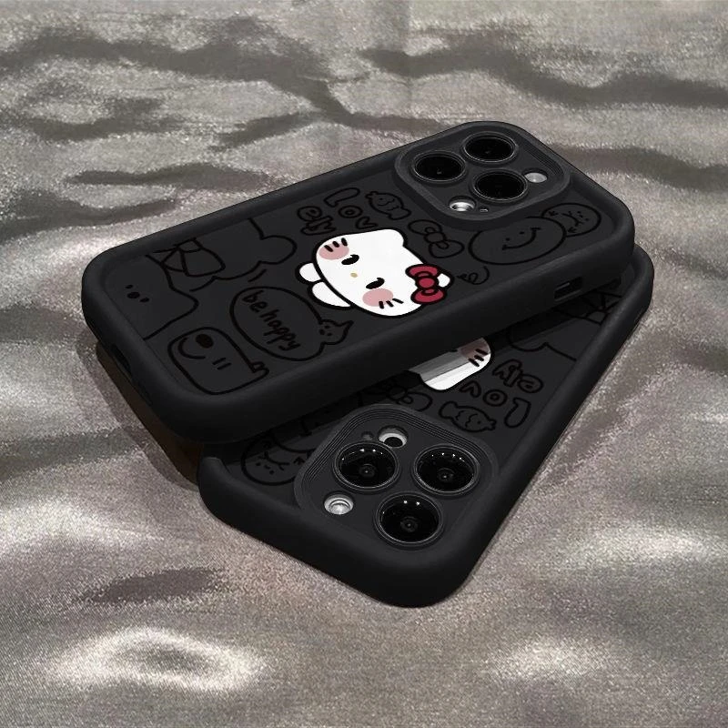 黑线条KT猫适配苹果15/华为/小米/OPPO/VIVO手机壳软硅胶全包新款