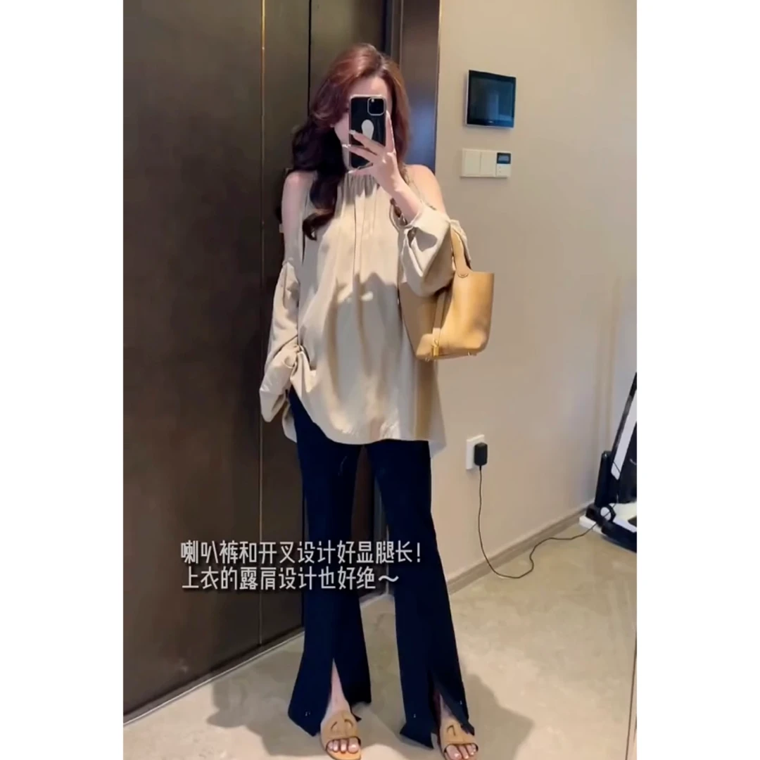 孕妇设计感托腹可调节显瘦弹力显腿长喇叭开叉裤