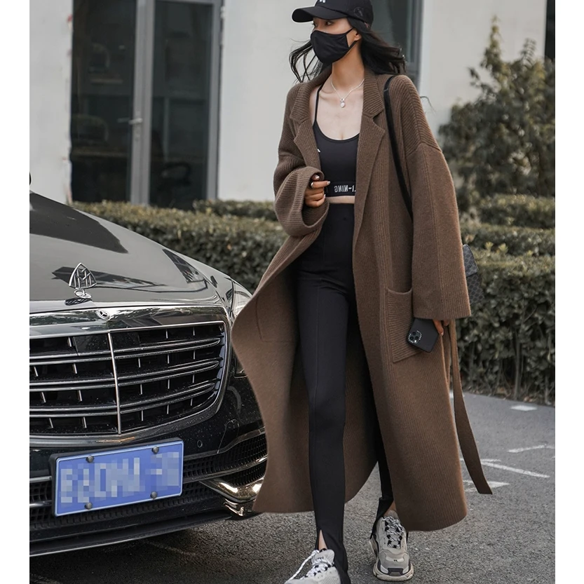 3081慵懒温柔浴袍款针织开衫中长韩版宽松外搭秋冬腰带毛衣外套