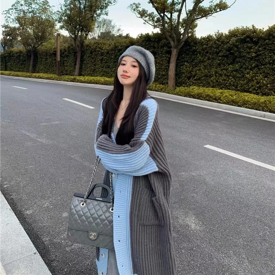 实拍韩版气质百搭拼色毛衣外套长款宽松慵懒风加厚针织开衫5468