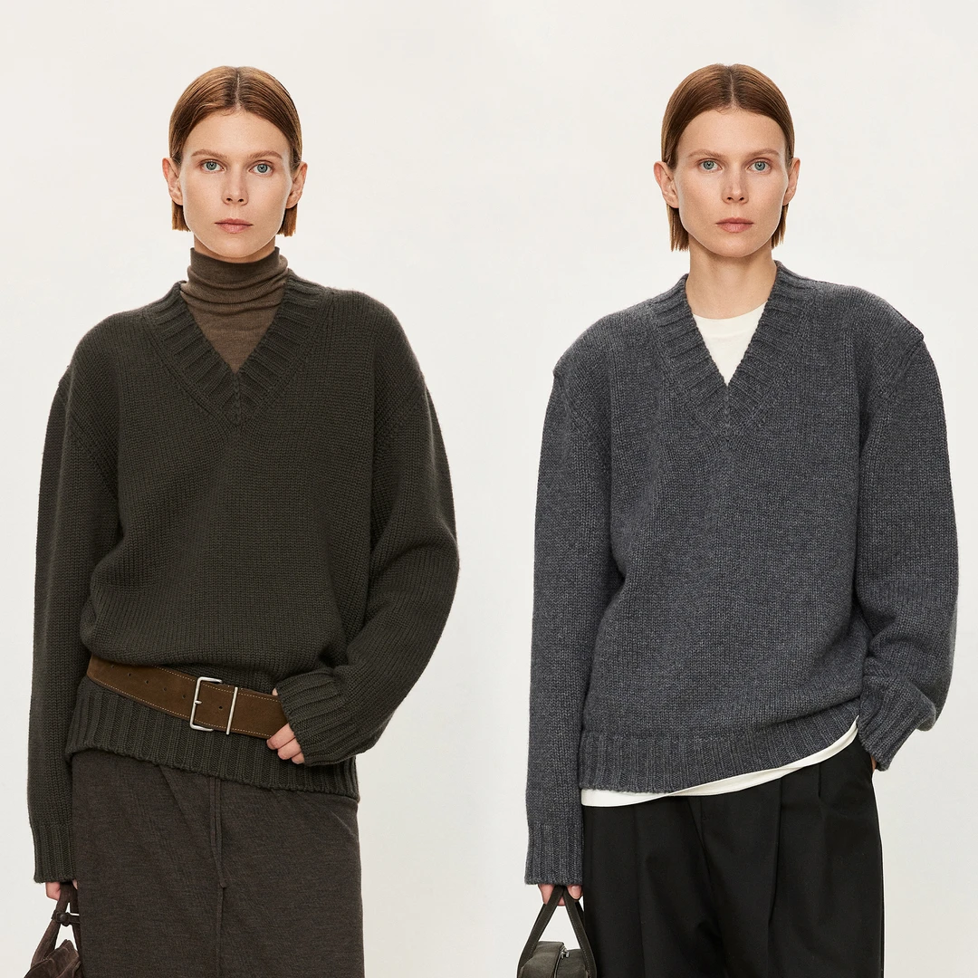 【商场同款新品】JOC复古粗针羊毛叠穿风V领无缝感折线肩立体结构廓