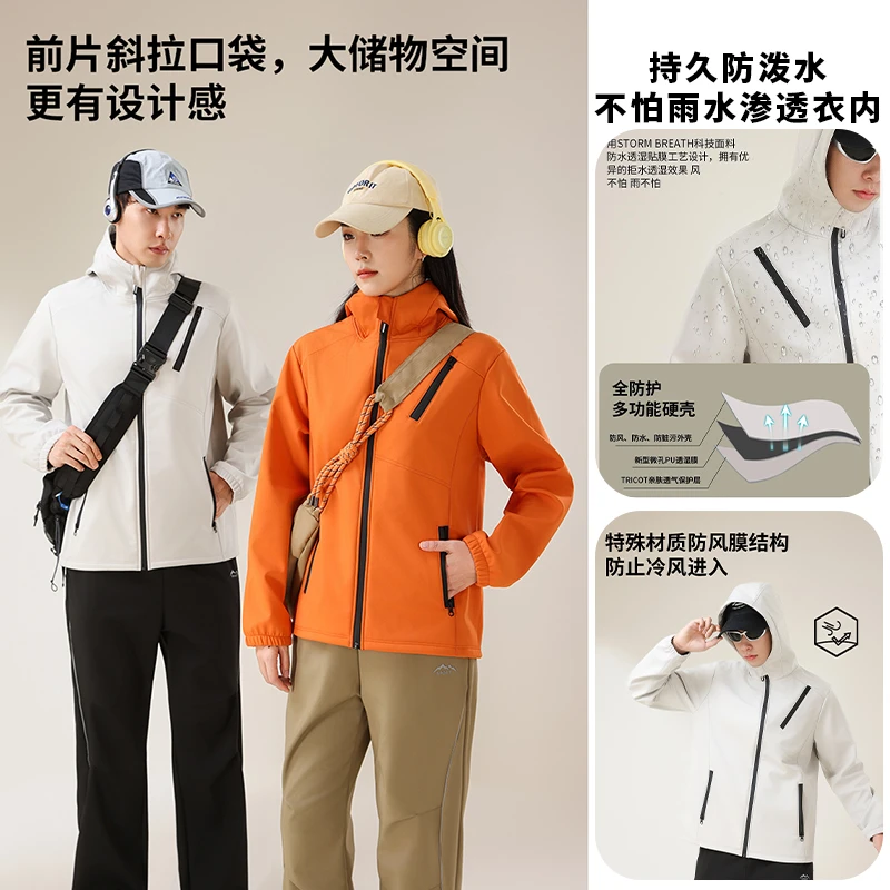 一体暖绒，硬核防护/抗撕裂户外休闲情侣冲锋夹克-D