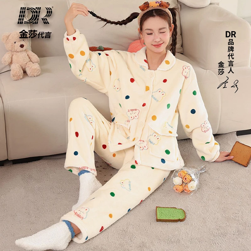 DR-牛奶绒微阔显瘦保暖毛绒加绒加厚家居服套装-D