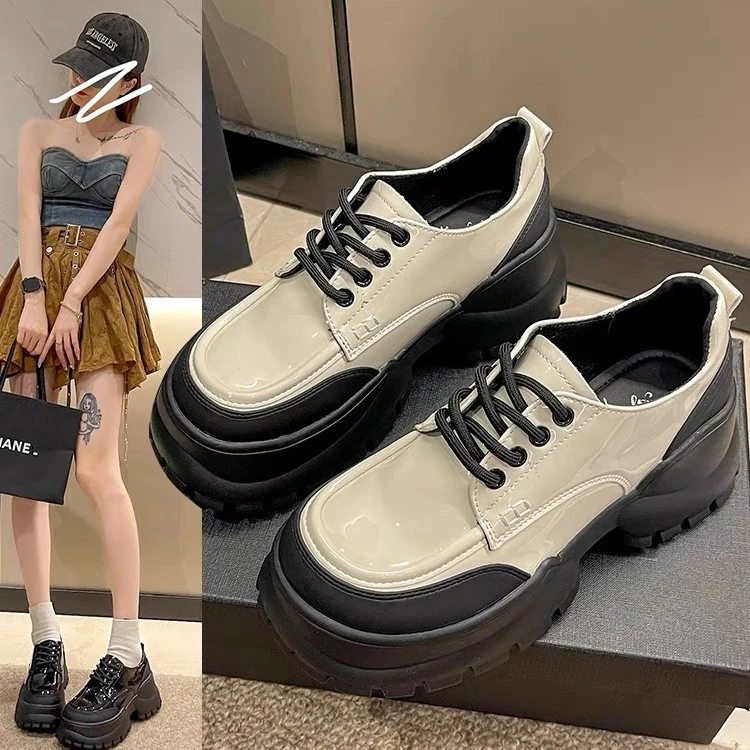 小敏家 2023新款亮面小皮鞋轻便厚底系带时尚休闲舒适乐福鞋