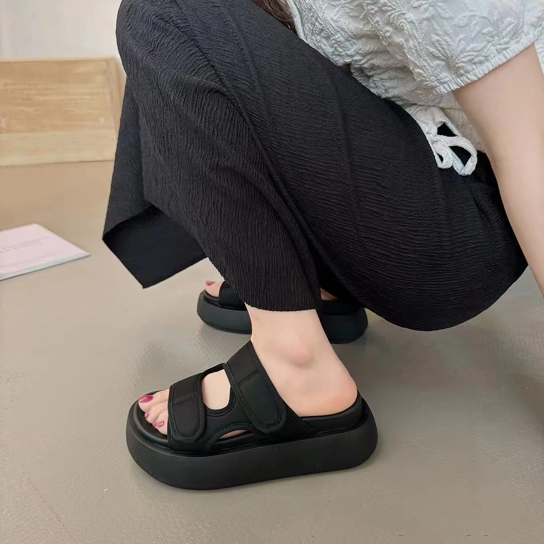 小敏家 时尚厚底超火魔术贴松糕厚底简约一字凉拖鞋