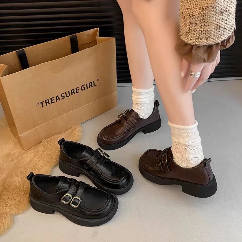小敏家 复古双扣圆头厚底粗跟乐福鞋 爆款配裙子学院风小皮鞋1872