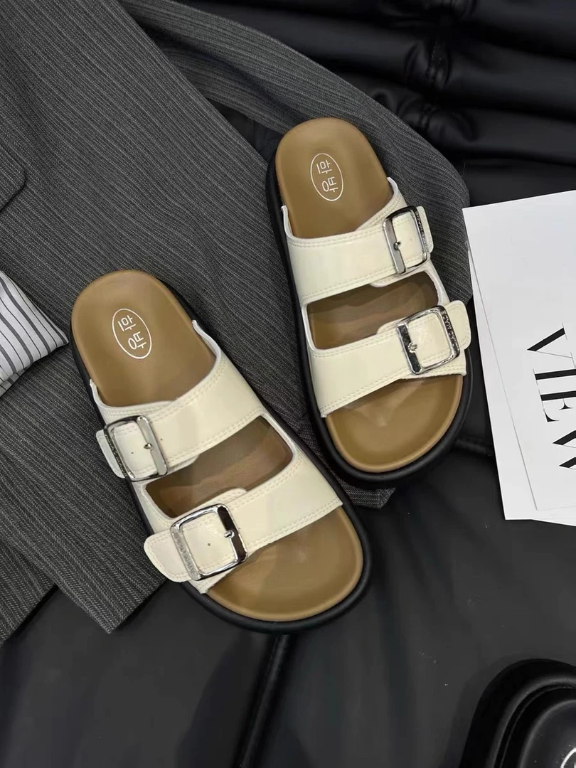 小敏家 超火高级感气质百搭厚底露趾勃肯拖鞋 双皮带扣