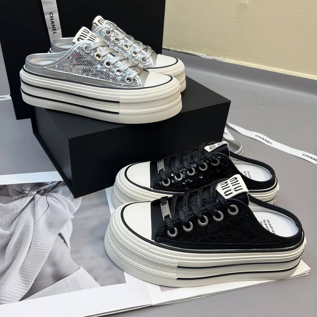 小敏家 时尚亮片超火厚底帆布半拖鞋 设计感一脚蹬包头拖鞋G808