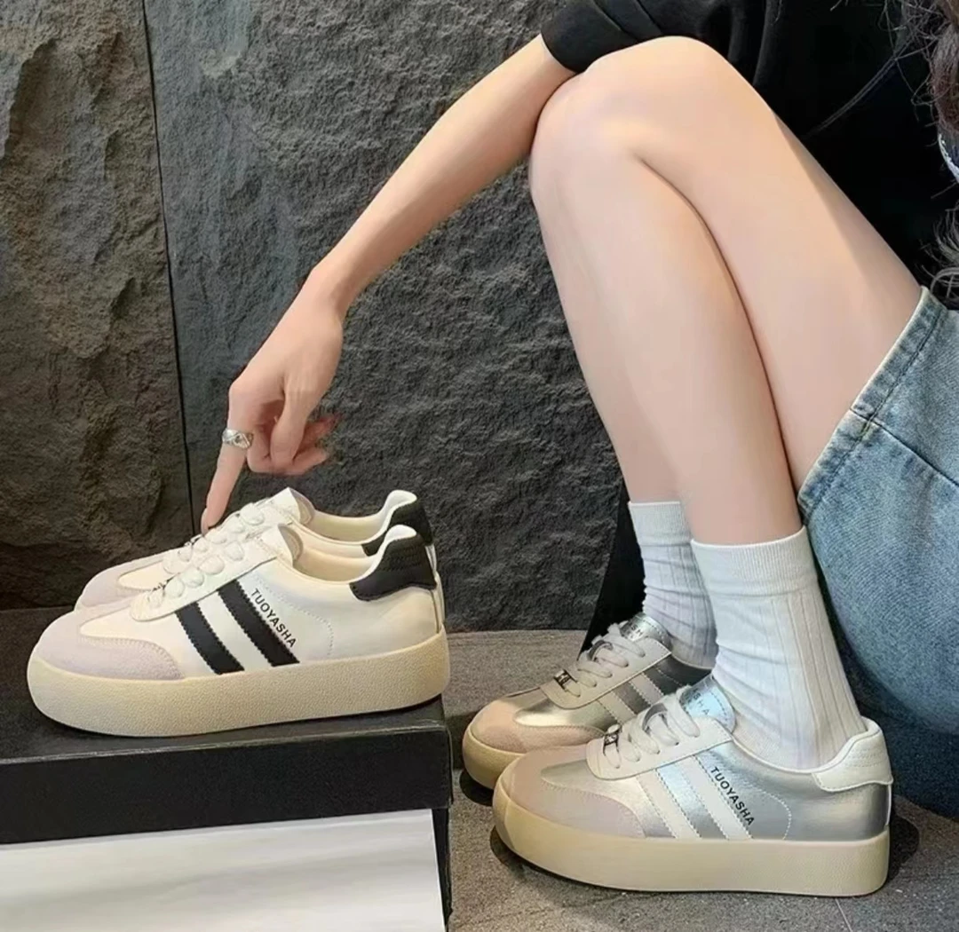 小敏家 敲好看银色德训  百搭圆头系带板鞋988-9