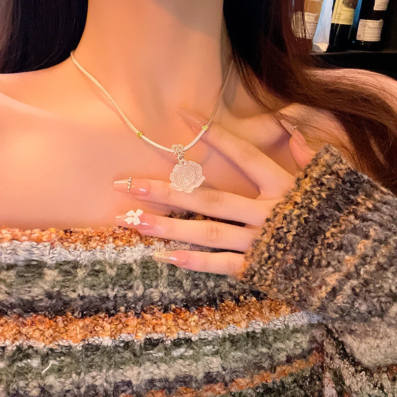 铜合金项链 A182新中式白色莲花吊坠项链女手工简约百搭学生饰品