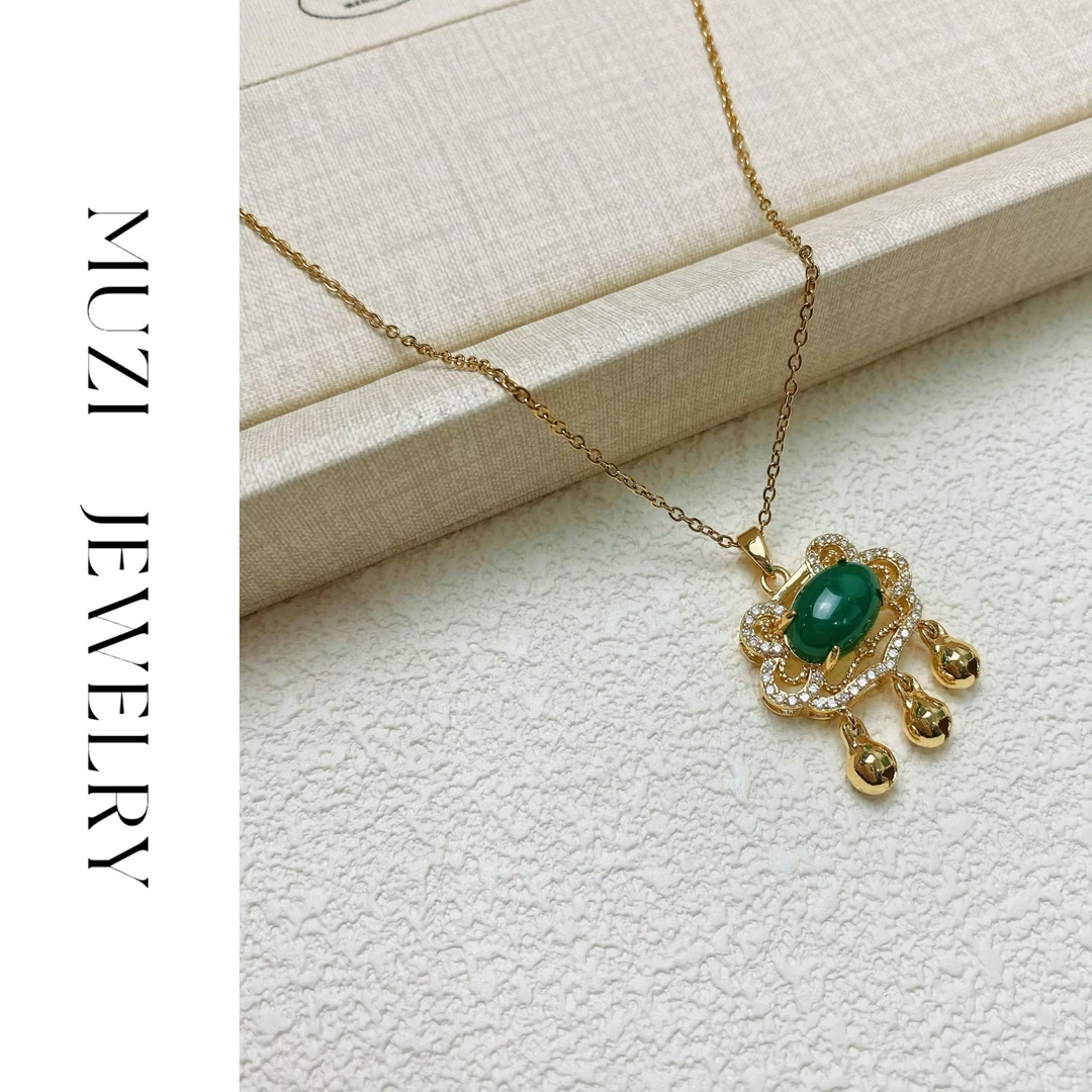 铜合金项链 A218深绿色珠珠小锁吊坠项链女新中式百搭时尚饰品新