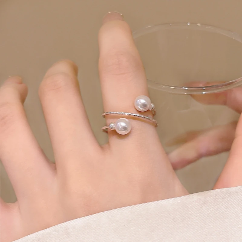 铜合金仿珍珠戒指 D313双圈简约戒指女百搭时尚小众精致饰品新ins