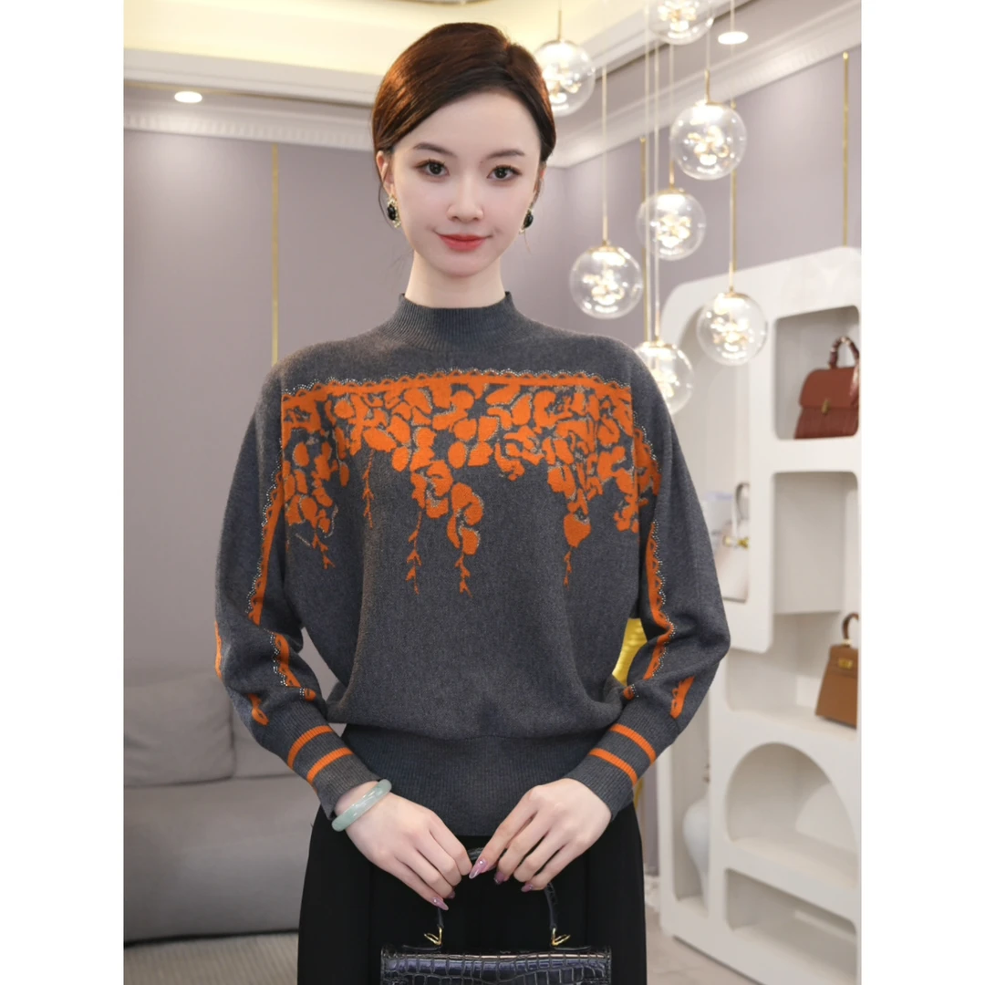 唐熹2025秋冬新款【LT-D945】含绵羊毛灰拼橙色气质洋气 针织毛衣女
