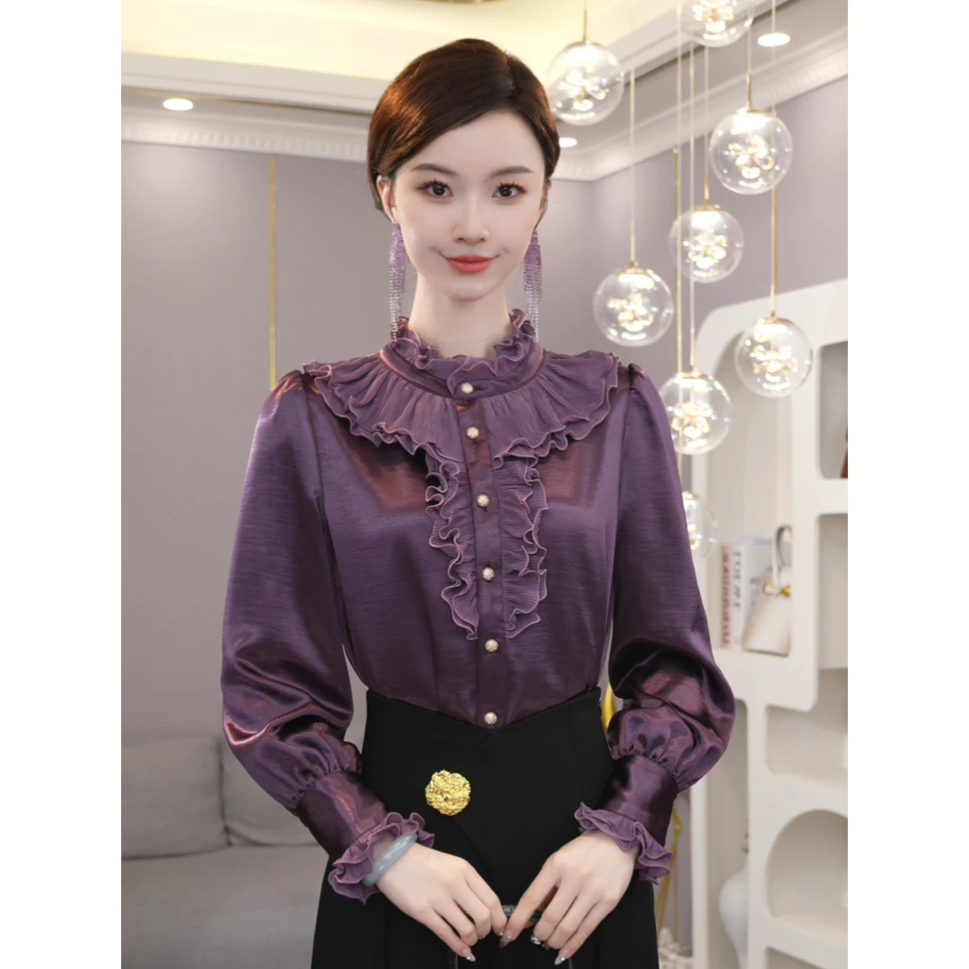 2025秋冬新款【LT24-Q667-1】加绒加厚紫色法式花边长袖衬衫女
