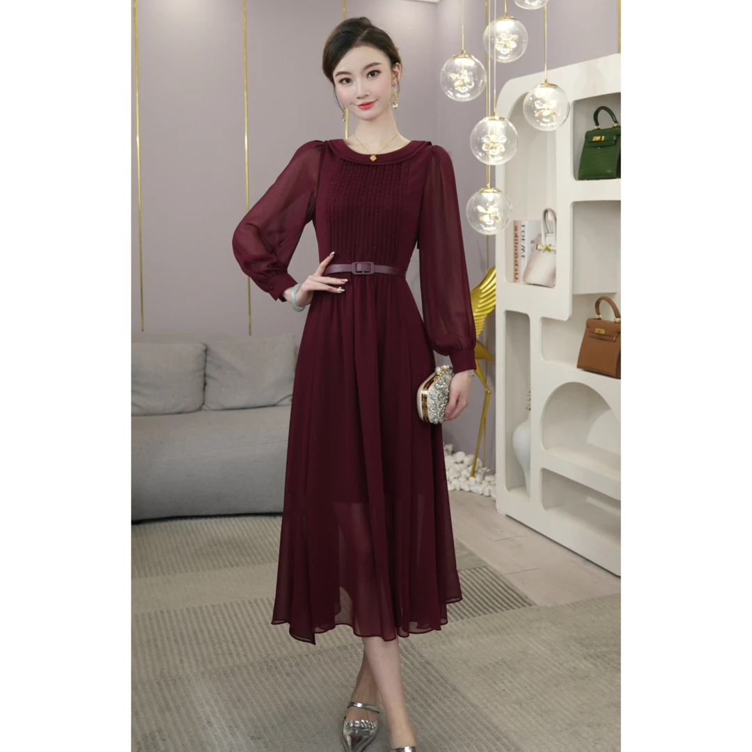 现货2025春春新款【4368】气质轻奢轻薄舒适酒红色喜妈妈婚宴装