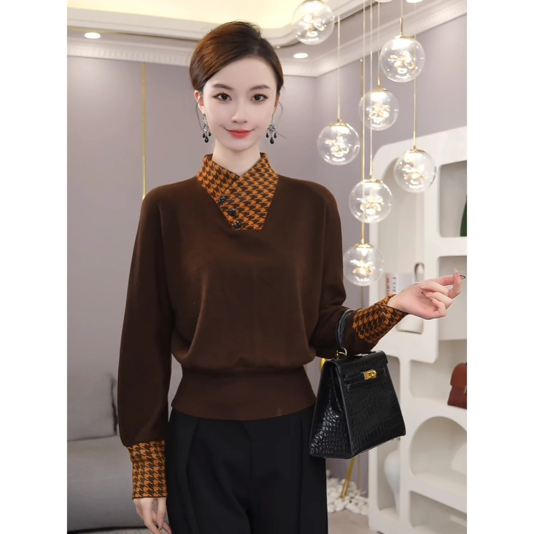 唐熹预售2024早春新款【TX-38】含绵羊毛时尚拼接橙拼棕套头针织衫