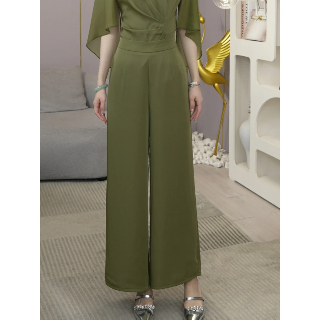 预售2024夏季新款【4749-1】百搭气质休闲松紧抹茶绿直筒显瘦裤子女