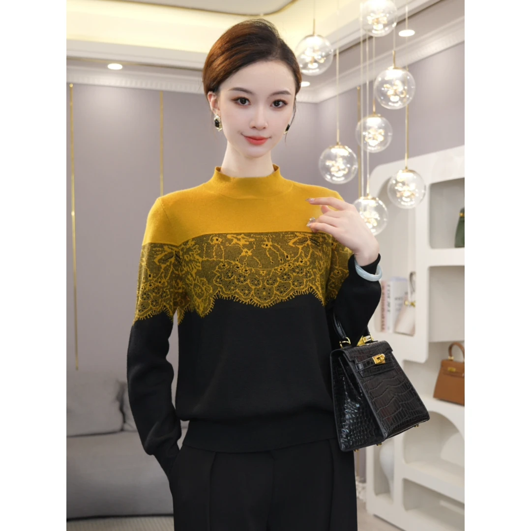 唐熹2026秋冬新款【6386】含绵羊毛小众黄色套头拼色宽松针织衫上衣
