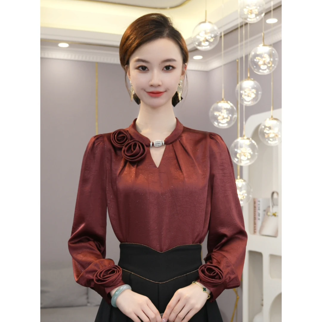 唐熹2025新款【X24-Q270】时尚气质高级优雅红色长袖衬衫上衣