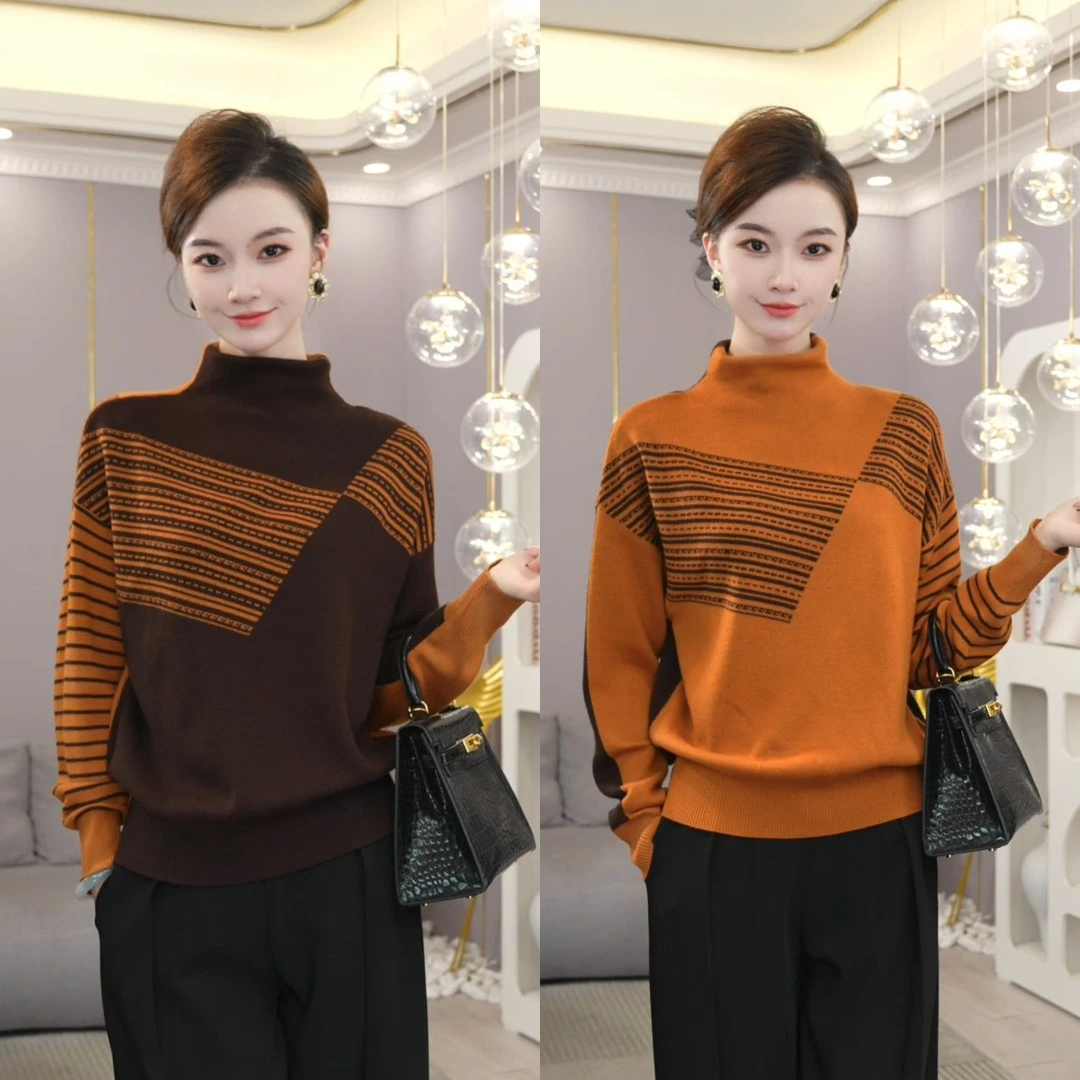 唐熹2025早春季新款【6186】含绵羊毛套头棕色高领拼色针织衫毛衣女