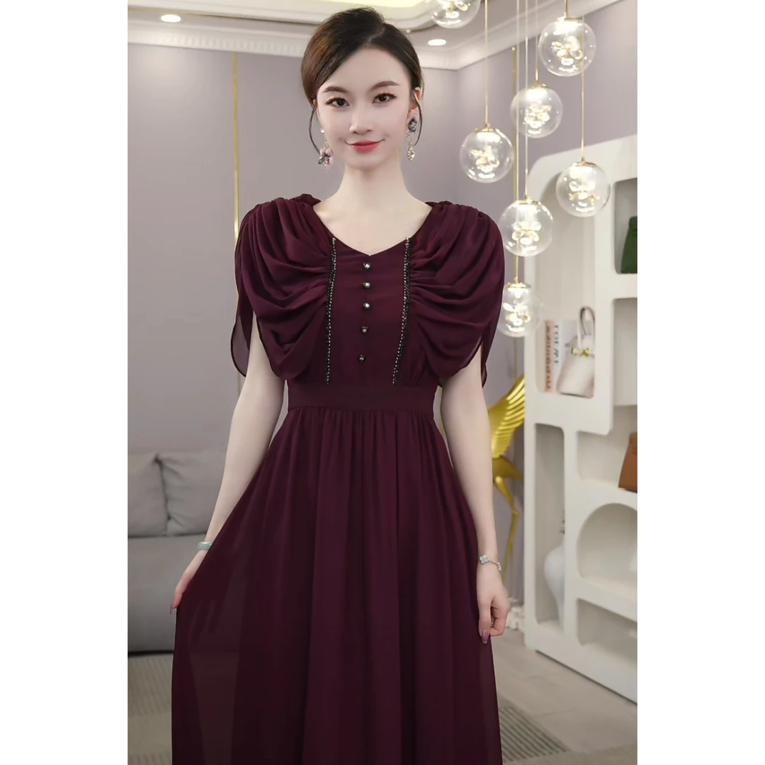 唐熹2025夏季新款【5322】法式高级感气质收腰V领酒红色连衣裙子女